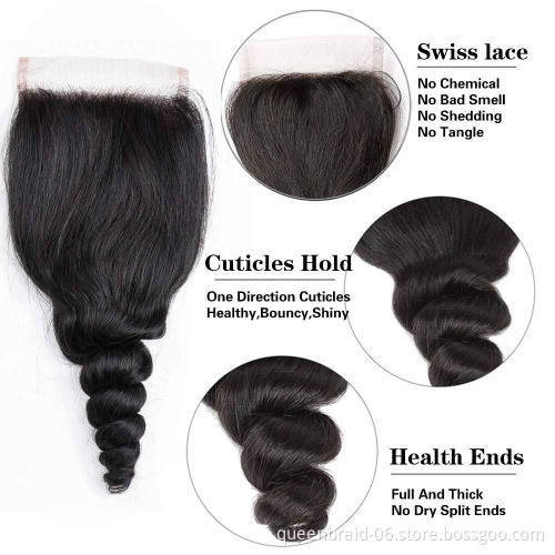 Brazilian Loose Wave Bundles with Lace Closure Part Virgin Human Hair 100% Unprocessed Wave Human Hair Extensions Natural Color